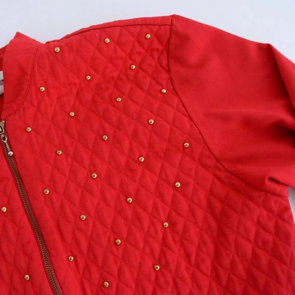 Vintage Megan Moore Red with Gold Bead Stud Zip Up Bomber Jackets Size  8 - Picture 9 of 11